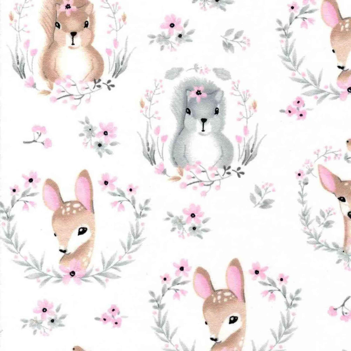 Woodland Baby Animals Cotton Flannel – Fawns, Squirrels & Florals on White