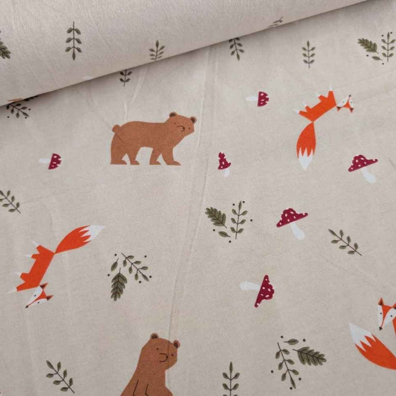 Woodland Bears and Foxes Cotton Flannel – Cozy Beige Forest Print