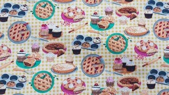 Baked Goods Pie Fabric on Gingham Background