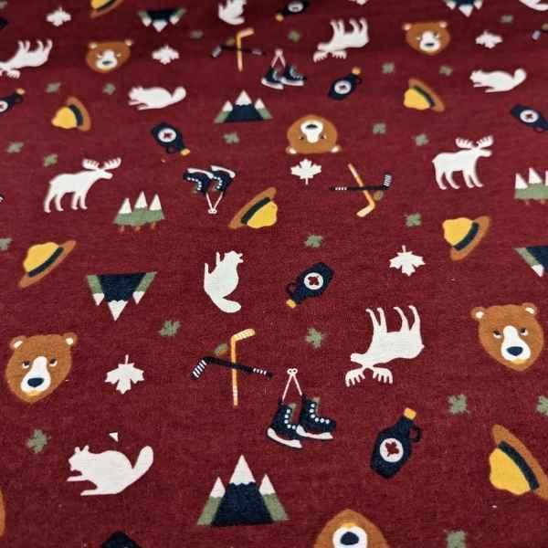 Canadian Wilderness and Sports Flannel Fabric on Burgundy