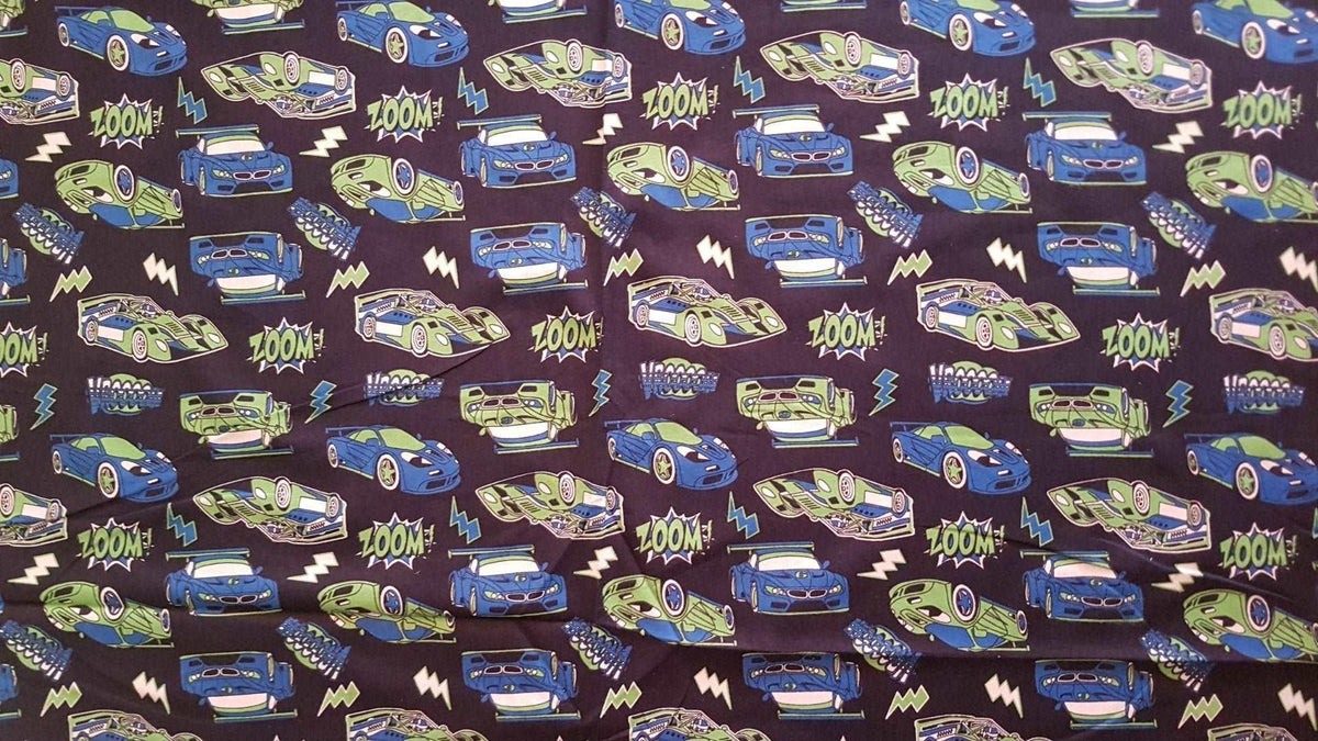 Car FLANNEL Fabric Blue and Green Racing Cars with Zoom Text