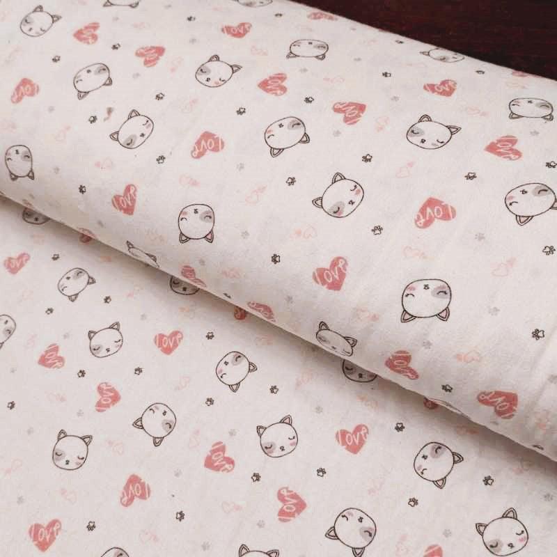 Cat and Hearts FLANNEL in Pink