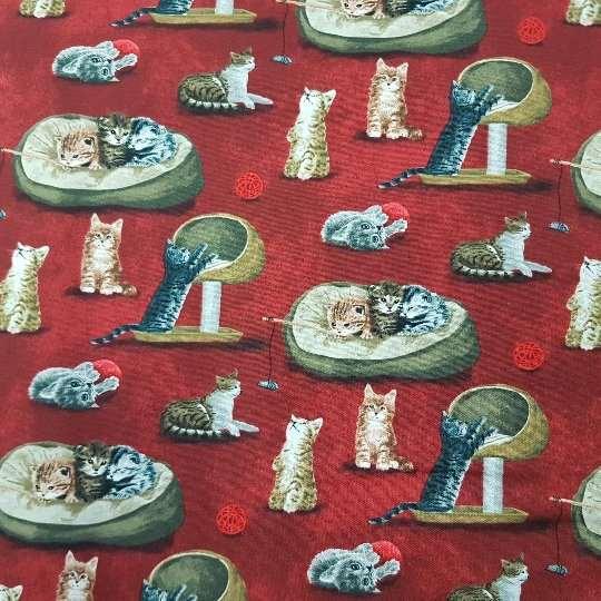 Cat Fabric Playful Cats on Blue, Brown or Red Background