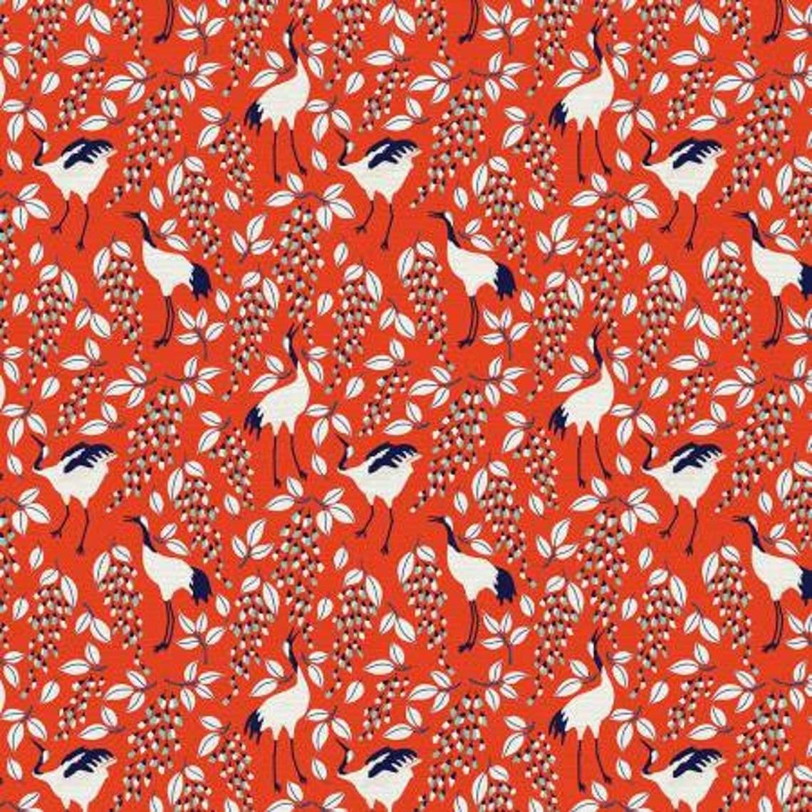 Dancing Cranes Fabric on Red Background Japanese Garden