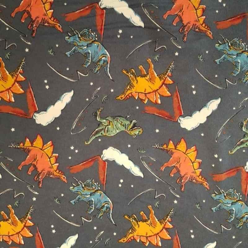 Dinosaur FLANNEL Toss Dinosaur Volcano Flannel Fabric on Grey