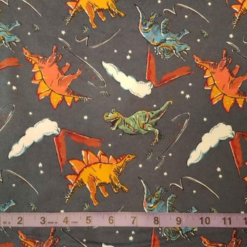 Dinosaur FLANNEL Toss Dinosaur Volcano Flannel Fabric on Grey