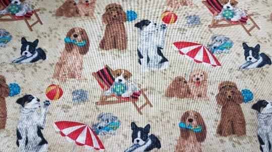 Dog Fabric, Dogs on Beach in Cream, Grey or Beige