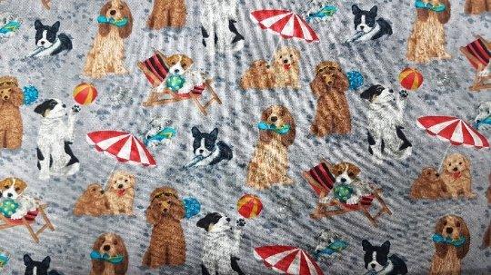 Dog Fabric, Dogs on Beach in Cream, Grey or Beige