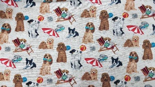 Dog Fabric, Dogs on Beach in Cream, Grey or Beige