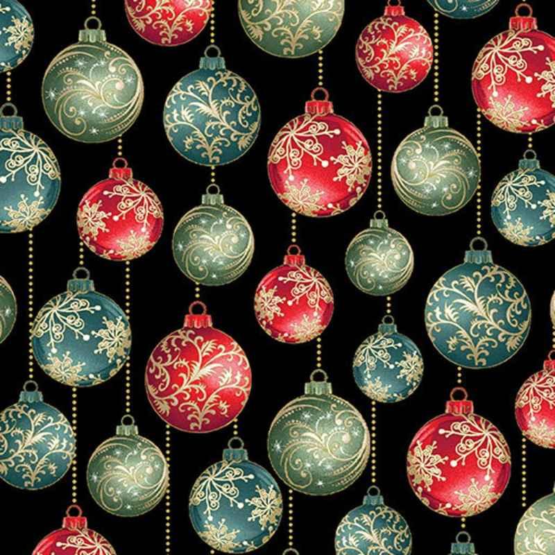 13180M A Festive Medley by Jackie Robinson for Benartex. Christmas cotton fabric with metallic gold ornaments on black background.