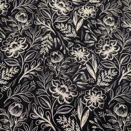 Fields in Bloom, Floral in Ivory and Black Linen/Cotton Blend