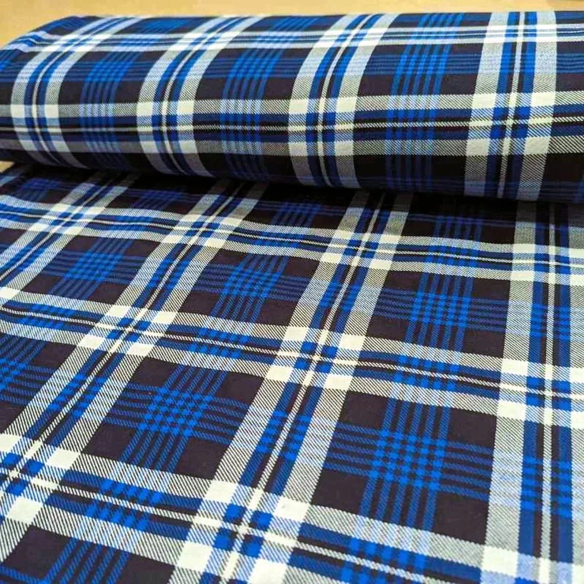 FLANNEL Tartan Plaid Navy, Light Blue and White