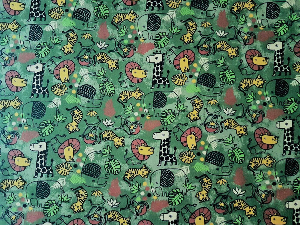 French Terry Safari Animals on Dark Green