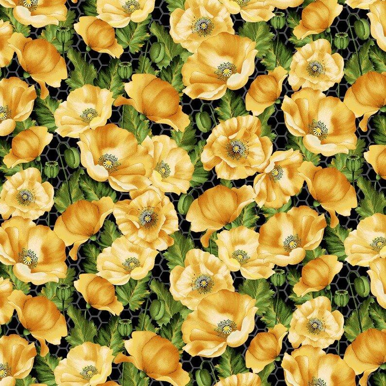 Gold Poppies on Honeycomb Black Fabric Bloomin' Poppies Collection