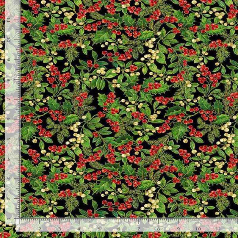 Green Holly Leaves and Berries on Black, Gold Metallic | Fabric Design Treasures