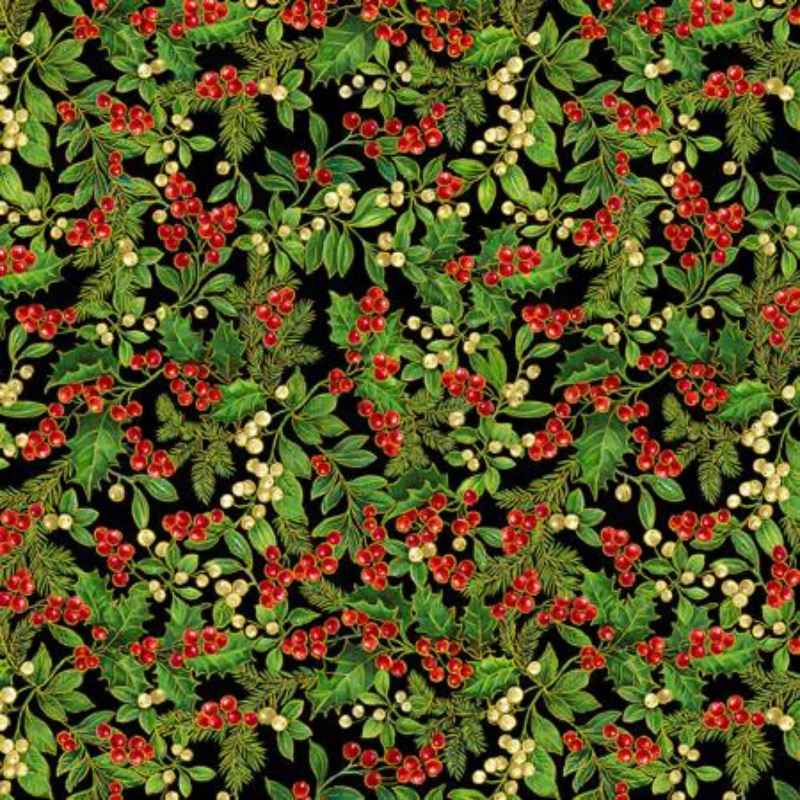 Timeless Treasures Holiday CM2056 fabric with holly leaves, pine sprigs, and berries on black.