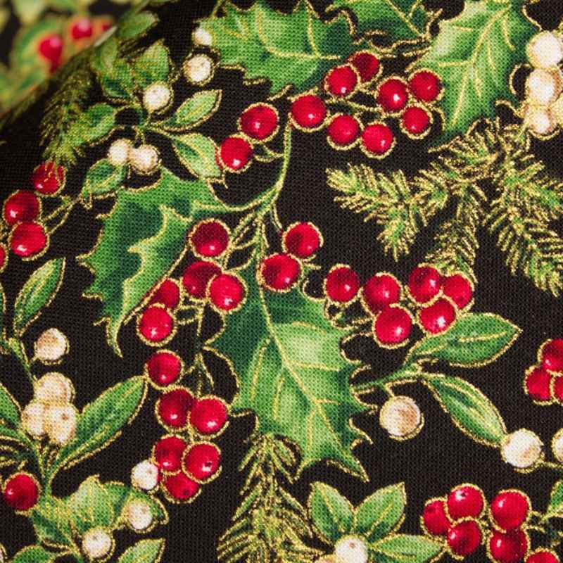 Green Holly Leaves and Berries on Black, Gold Metallic | Fabric Design Treasures