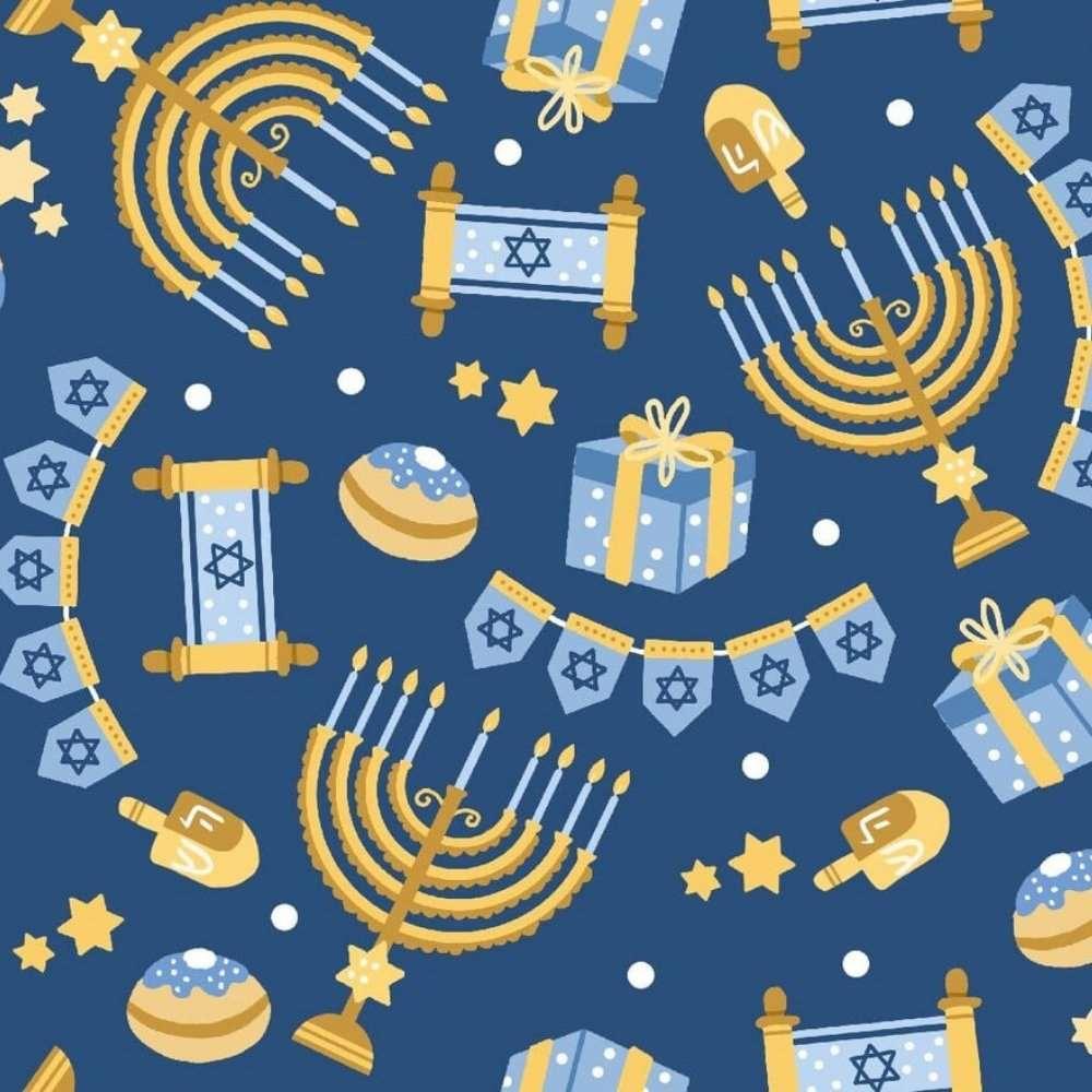 Hanukkah Fabric Menorah and Gifts on Alaska Sky Blue