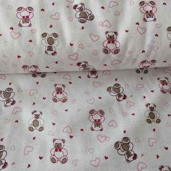 Heart and Teddy Bear FLANNEL on Cream Flannel