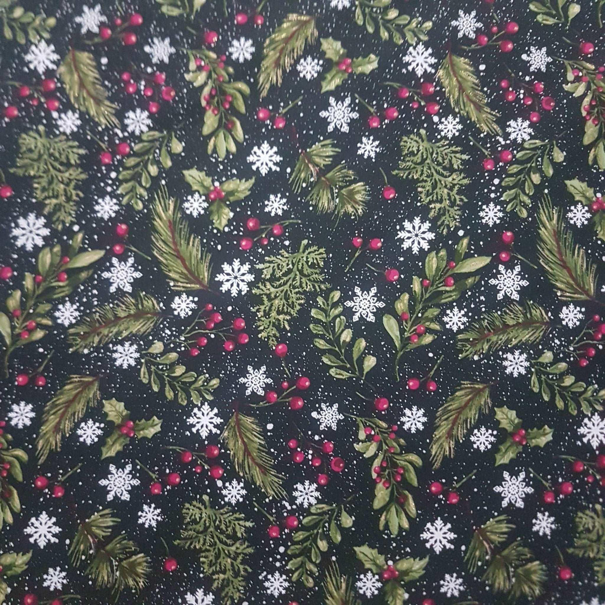 Holly Leaves Snowflakes fabric with Glitter Christmas Fabric