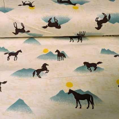 Horse FLANNEL fabric, Black Stallion with Mountain and Sun