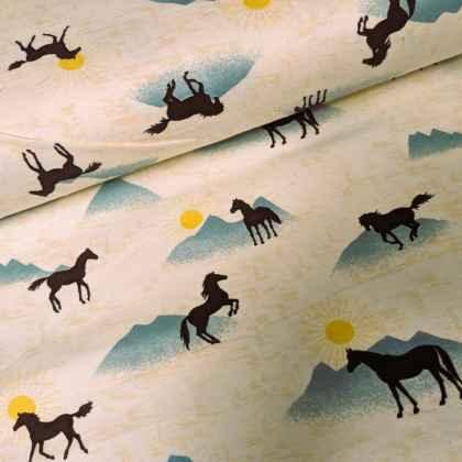 Horse FLANNEL fabric, Black Stallion with Mountain and Sun