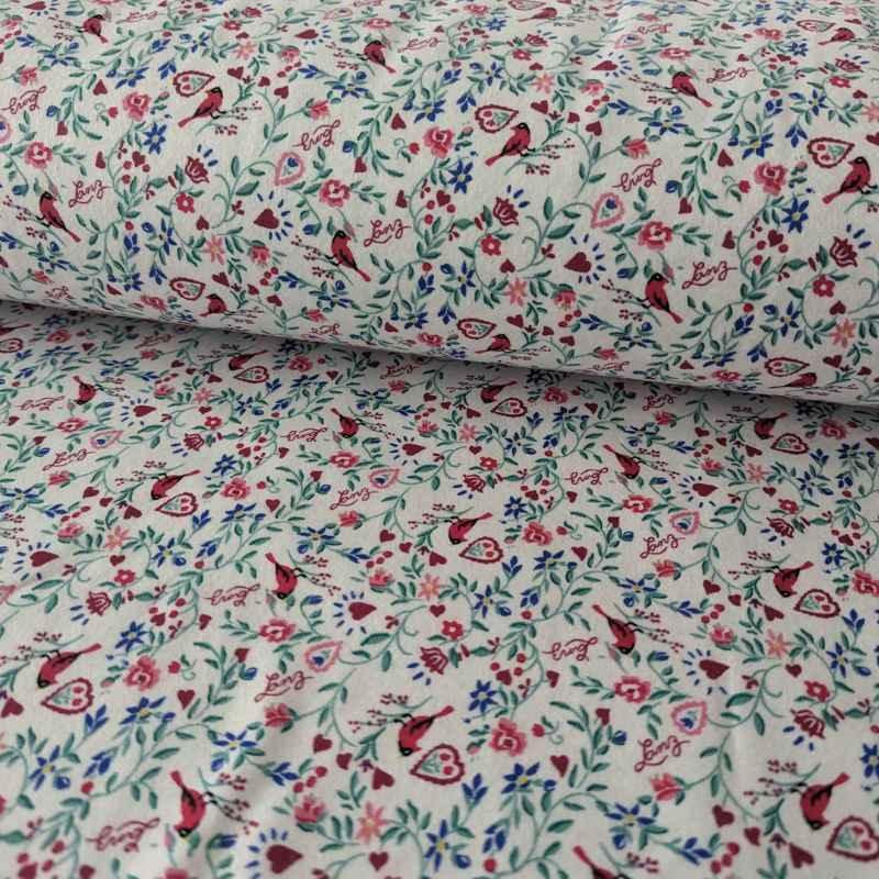 Lanz of Salzburg FLANNEL, Cardinal Birds, Hearts on White V4