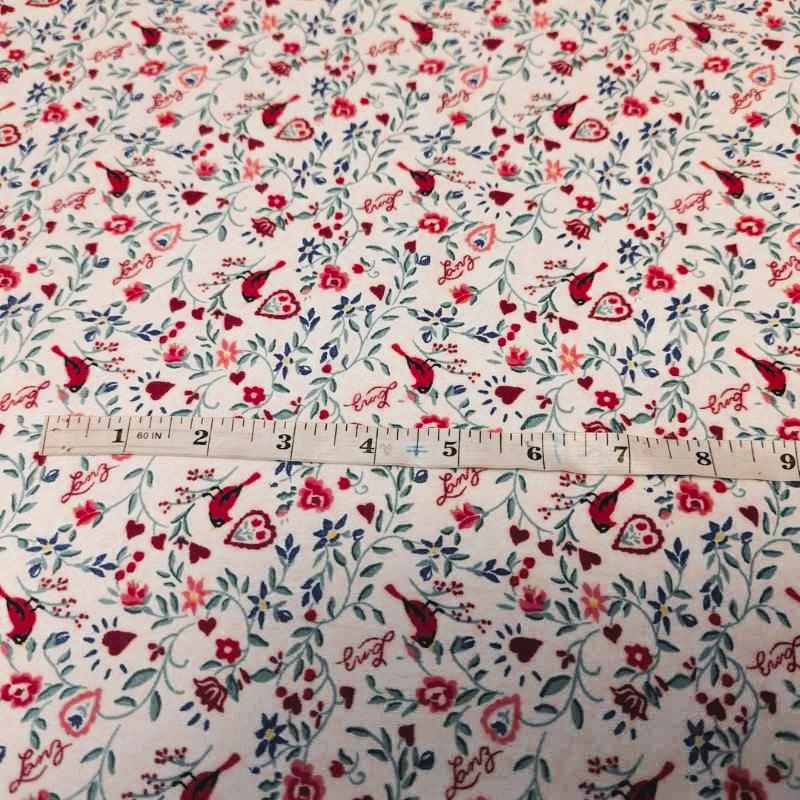 Lanz of Salzburg FLANNEL, Cardinal Birds, Hearts on White V4