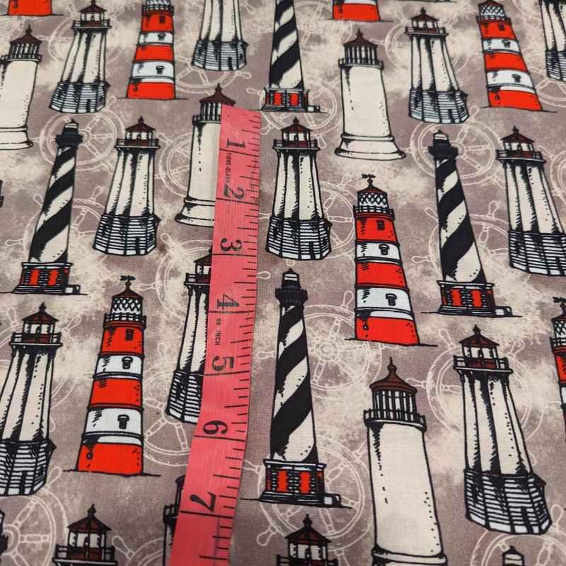 Lighthouse Fabric on Beige, By the Sea Collection, Cotton Fabric