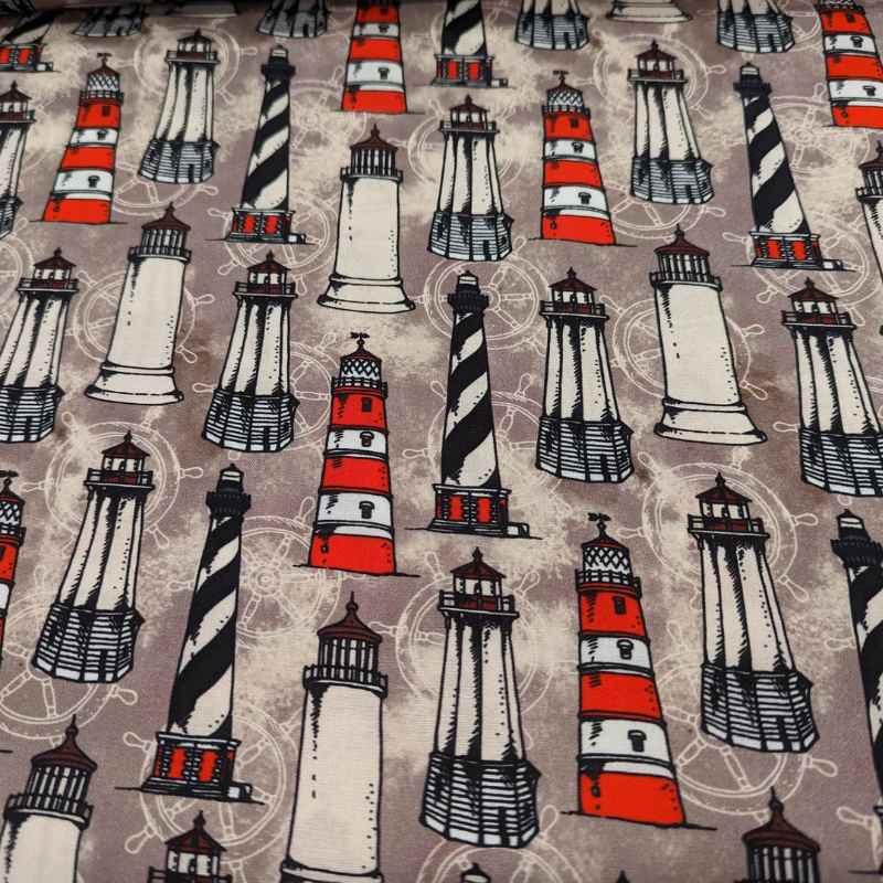 Lighthouse Fabric on Beige, By the Sea Collection, Cotton Fabric