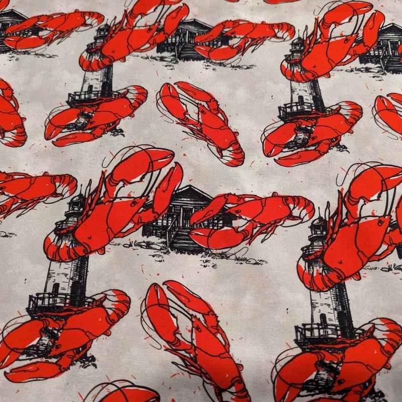 Lobster Fabric on Beige, By the Sea Collection, Cotton Fabric