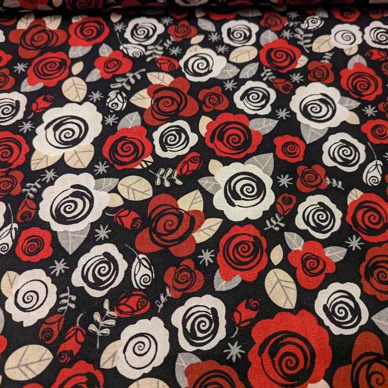 Modern Rose Linen Cotton in Black, Ivory & Red