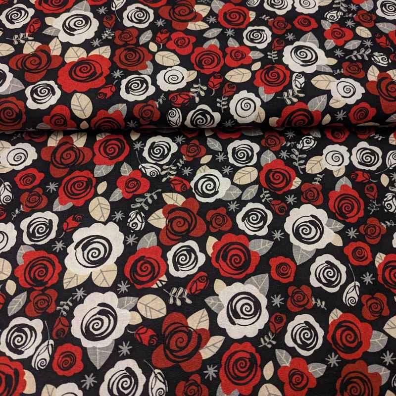 Modern Rose Linen Cotton in Black, Ivory & Red