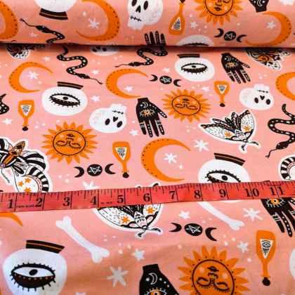 Orange Halloween FLANNEL Fabric with Crystal Ball, Moth, Skull | Fabric Design Treasures