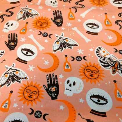 Orange Halloween FLANNEL Fabric with Crystal Ball, Moth, Skull | Fabric Design Treasures