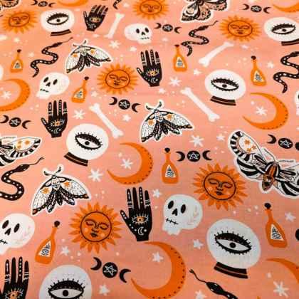 Orange Halloween FLANNEL Fabric with Crystal Ball, Moth, Skull | Fabric Design Treasures