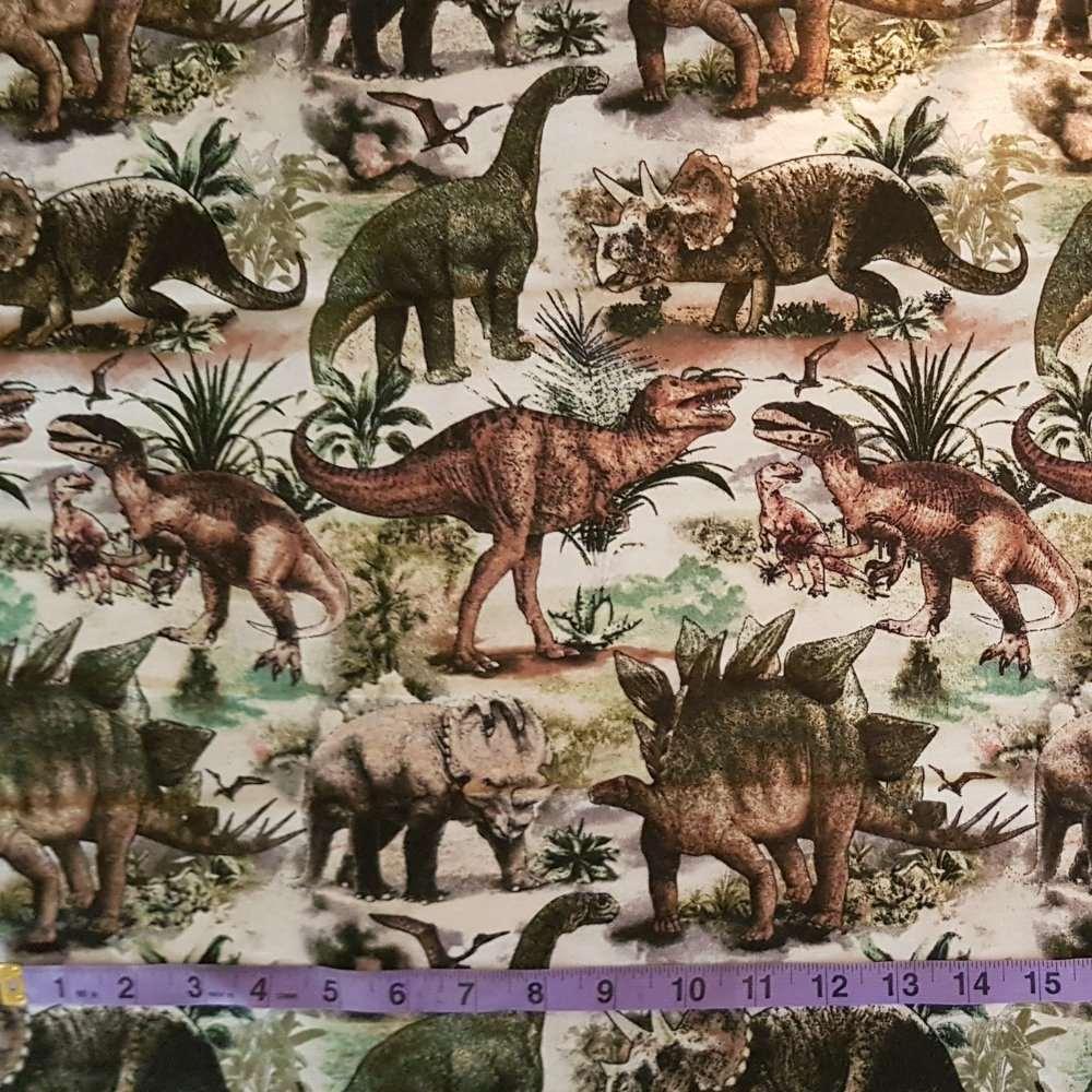 Packed Dinosaurs on Beige FLANNEL Fabric, Dinosaur Flannel | Fabric Design Treasures