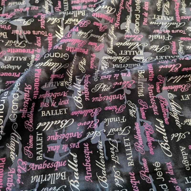 Pearl Ballet Words Pink/Black - Pink and Grey Text on Black | Fabric Design Treasures