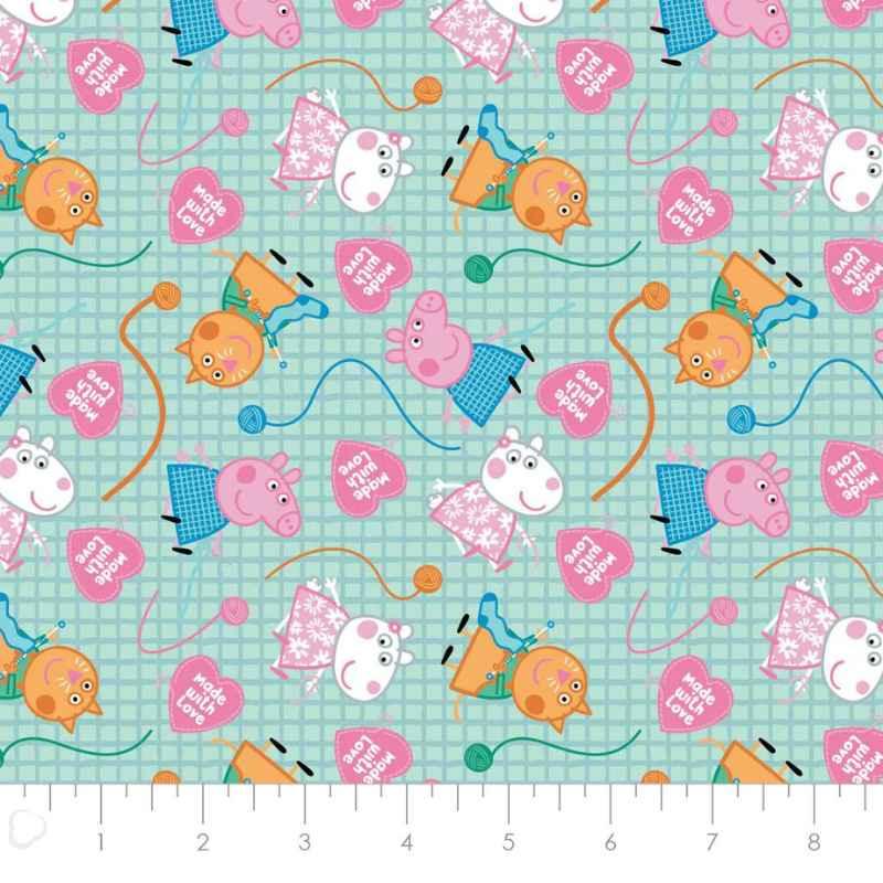 Peppa Made with Love, Peppa Pig Hand Made, Aqua | Fabric Design Treasures