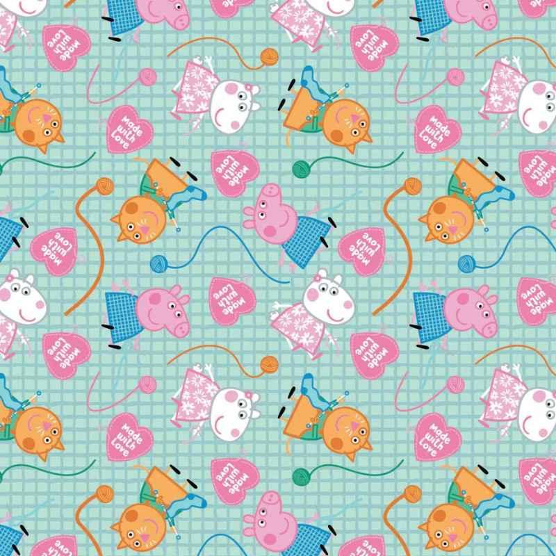 Peppa Made with Love, Peppa Pig Hand Made, Aqua | Fabric Design Treasures