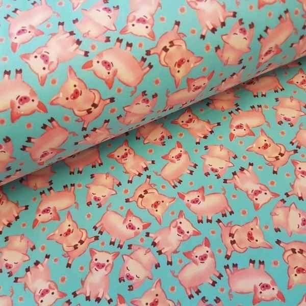 Pink Pig Flannel Fabric on Teal | Fabric Design Treasures