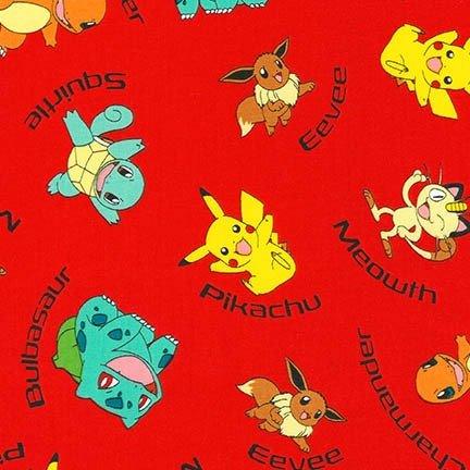 Pokemon Characters and Names on Red Fabric, | Fabric Design Treasures