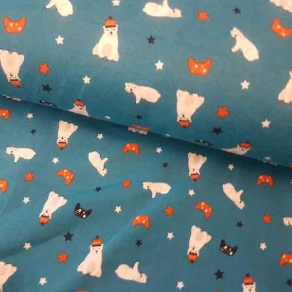 Polar Bear FLANNEL fabric on Teal | Fabric Design Treasures