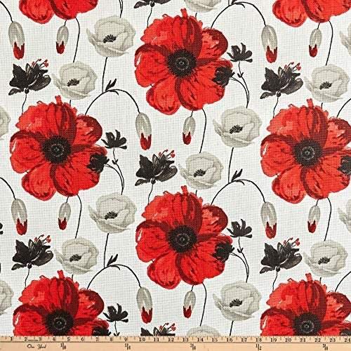 Poppies in Red and Grey on White Background Cotton Canvas | Fabric Design Treasures