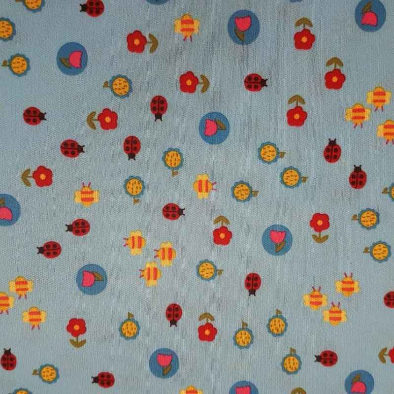 PUL, Bees, Ladybugs on Baby Blue, Laminated Waterproof | Fabric Design Treasures