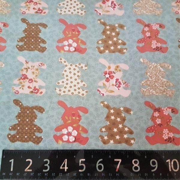 Rabbit Fabric Patterned Rabbits on Flower Teal Background | Fabric Design Treasures