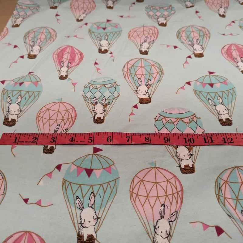 Rabbit FLANNEL, Rabbit in Air ballon on Light Peppermint Green | Fabric Design Treasures