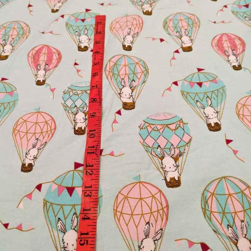 Rabbit FLANNEL, Rabbit in Air ballon on Light Peppermint Green | Fabric Design Treasures