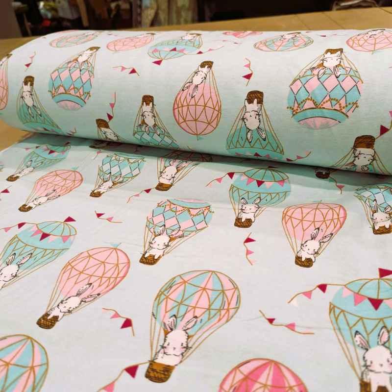 Rabbit FLANNEL, Rabbit in Air ballon on Light Peppermint Green | Fabric Design Treasures