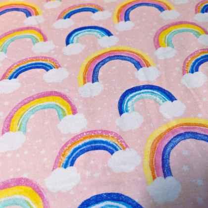 Rainbow and Clouds FLANNEL fabric on Pink | Fabric Design Treasures